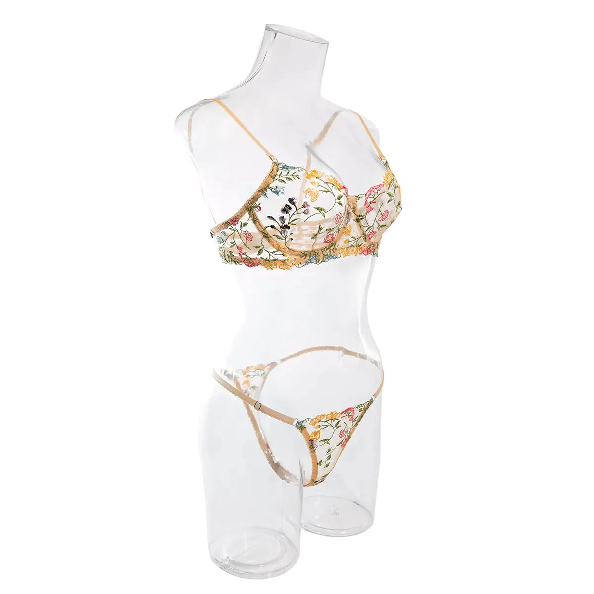 Yimunancy 2-Piece Lace Bra Set Women Floral Embroidery Underwear Set Transparent Khaki Panty Set