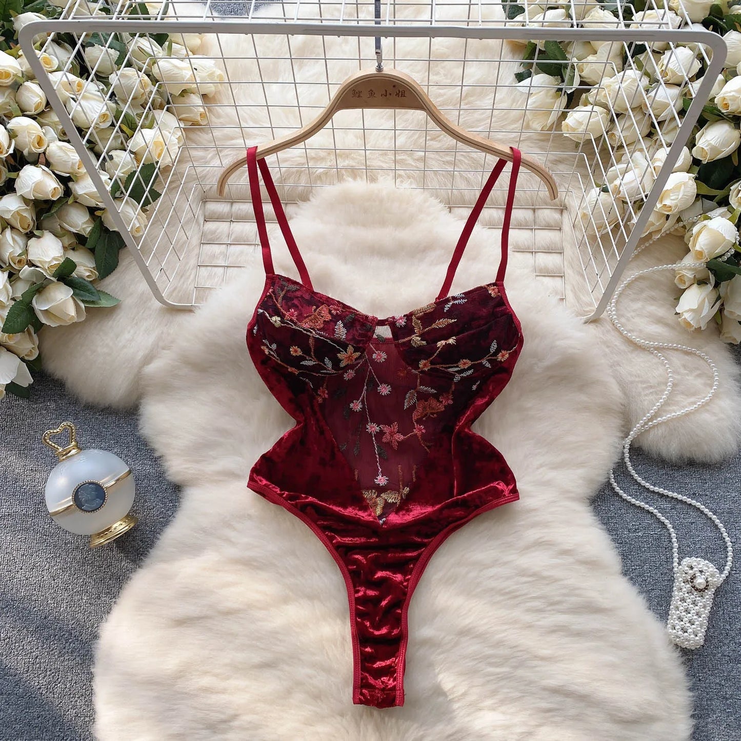 2023 Sheer  Sexy Bodysuit Splice Velvet Transparent Design Romper Fashion Embroidery Hollow Out Sensual Jumpsuit Wanita