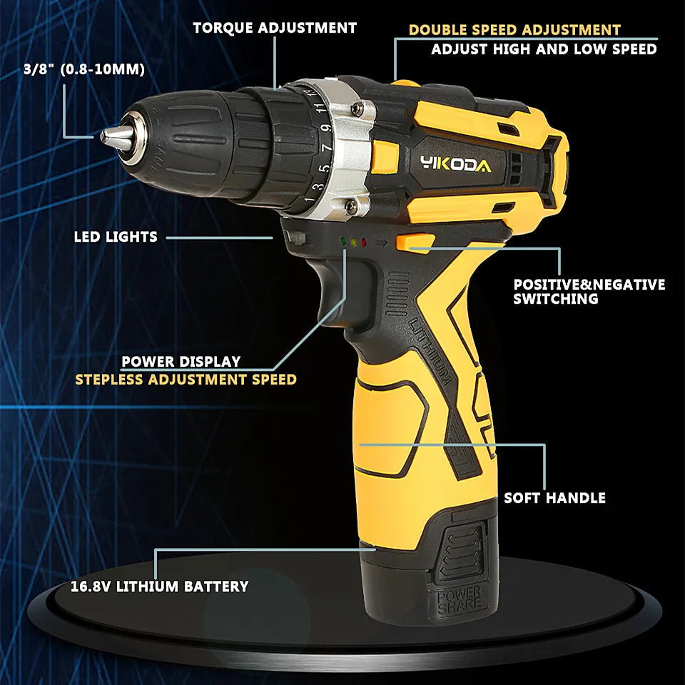 YIKODA perceuse sans fil 12/16, 8/21V, tournevis électrique Rechargeable, batterie au Lithium, outils électriques multifonctions à 2 vitesses pour la maison