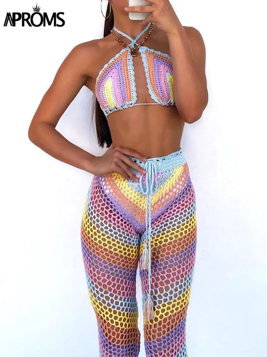 Aproms – ensemble 2 pièces élégant en coton mélangé coloré au Crochet pour femmes, haut et pantalon extensibles pour Festival d'été 2022, tenue de plage