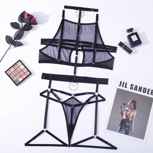 Lingerie sensuelle pour soutien-gorge entièrement transparent, tongs sans couture, ensemble Bilizna Sexy, tenues en dentelle transparente 