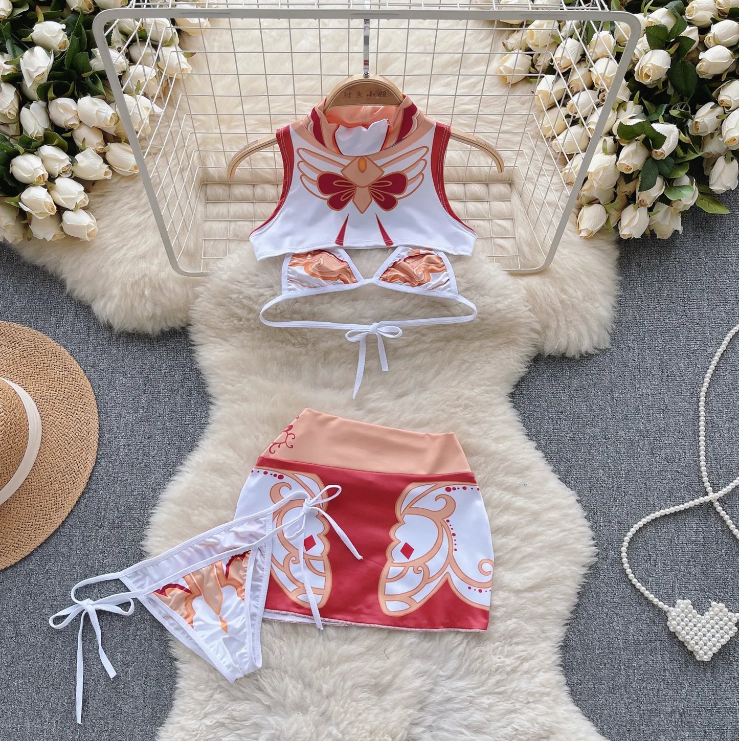 Cosplay Sexy Suits 2023 Sleeveless Mini Top+Short Slim Skirt+Thongs Sheath Print Bikini Sweet  Three Pieces Sets Wanita