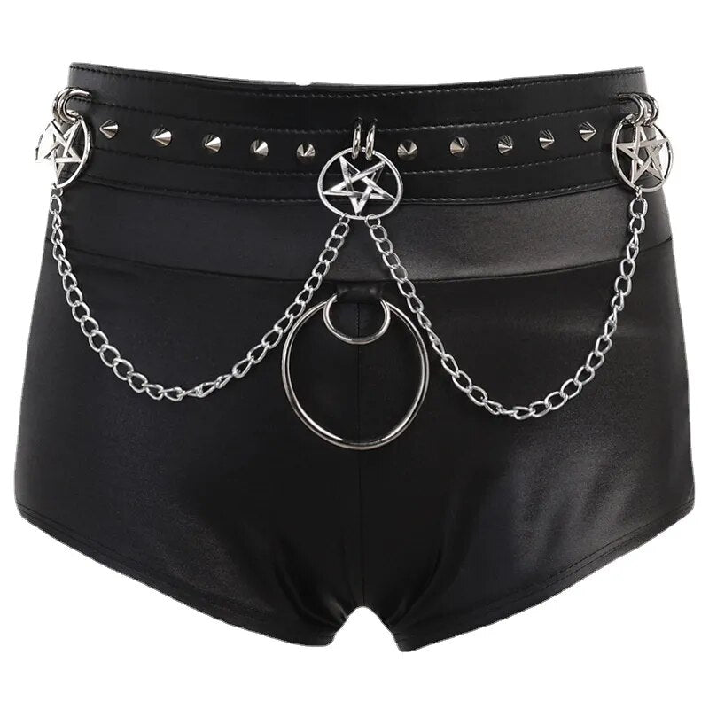 Short d'été noir avec ceinture Punk pour femmes, vêtements gothiques, PU, ​​mode, short Sexy, Streetwear, short esthétique, taille haute