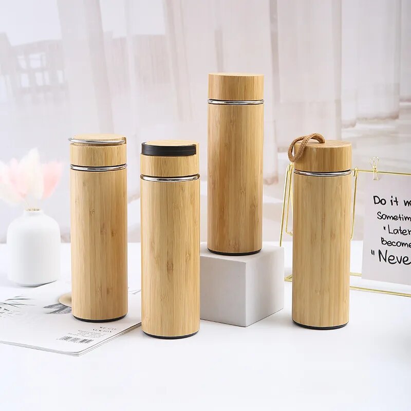 300ml-500ml Creative Bamboo Thermos Bottle Stainless Steel Water Bottles Vacuum Flask Portable Coffee Thermos Cup Customize Logo