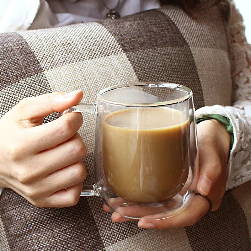 Taza de vidrio de borosilicato de doble pared con mango resistente al calor, taza de agua para café, leche, zumo, Bar, artículos de café, regalo para amantes