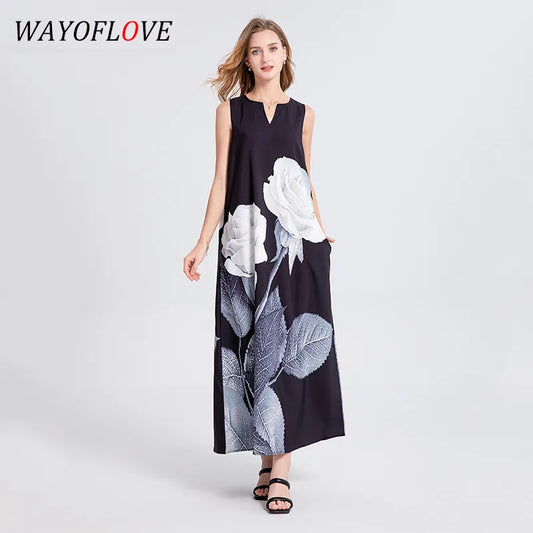 WAYOFLOVE – robe longue noire sans manches, ample, col en v, élégante, tenue de soirée, imprimé Rose, Vintage, printemps été