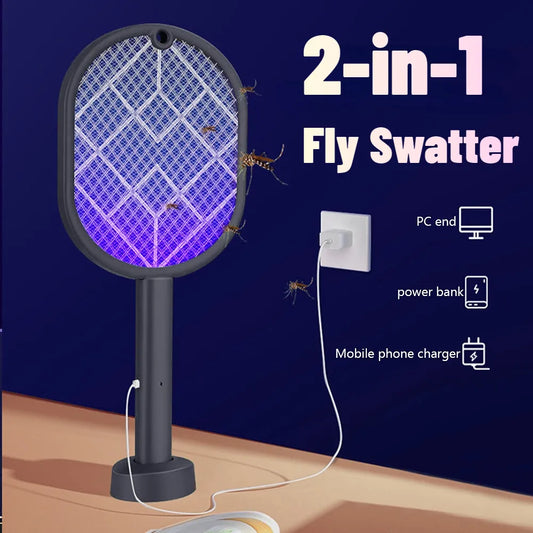 Electric Mosquito Killer 2-in-1 Fly Swatter Trap Electric Mosquito Swatter USB Rechargeable Mosquito Racket Fly Zapper For Home