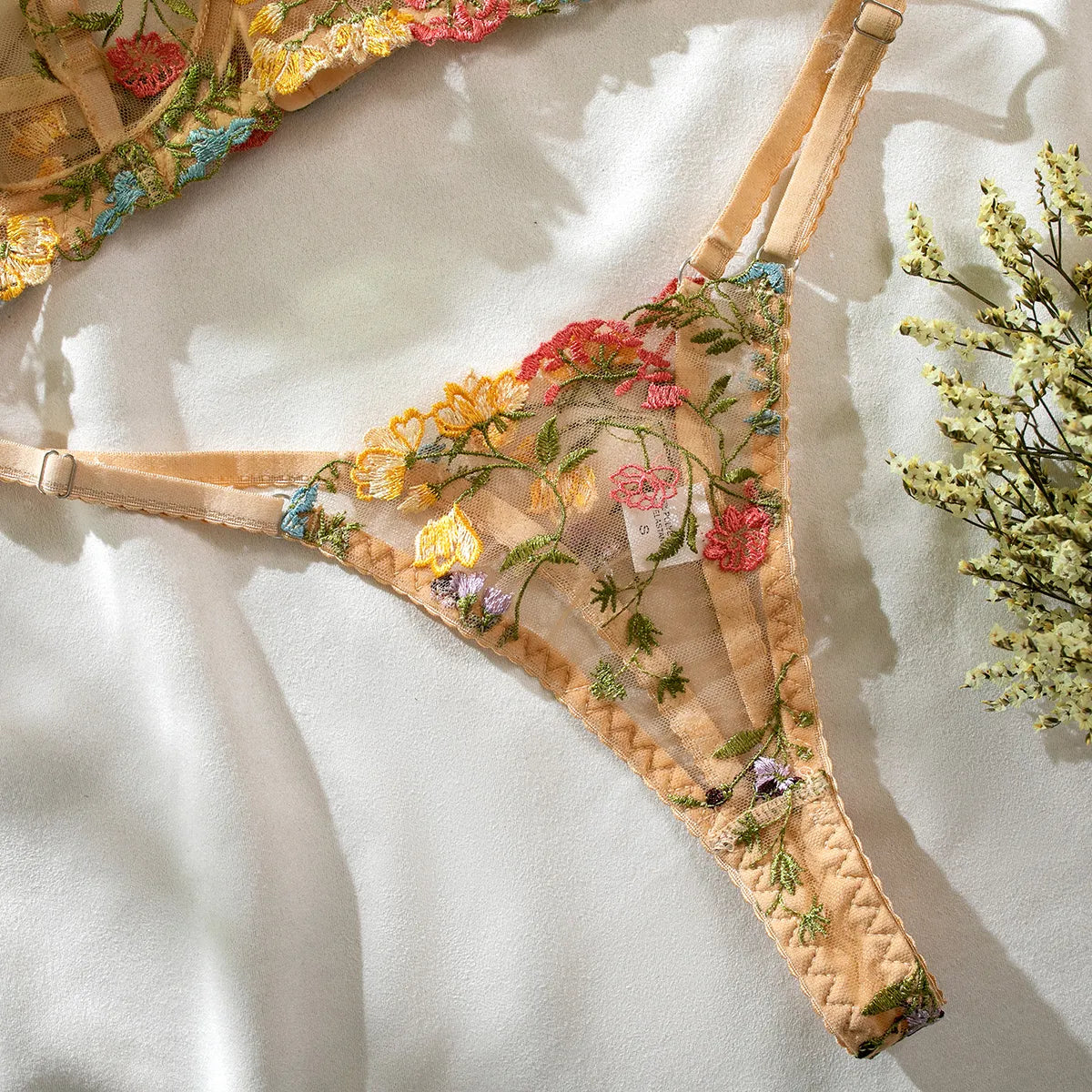 Yimunancy 2-Piece Lace Bra Set Women Floral Embroidery Underwear Set Transparent Khaki Panty Set