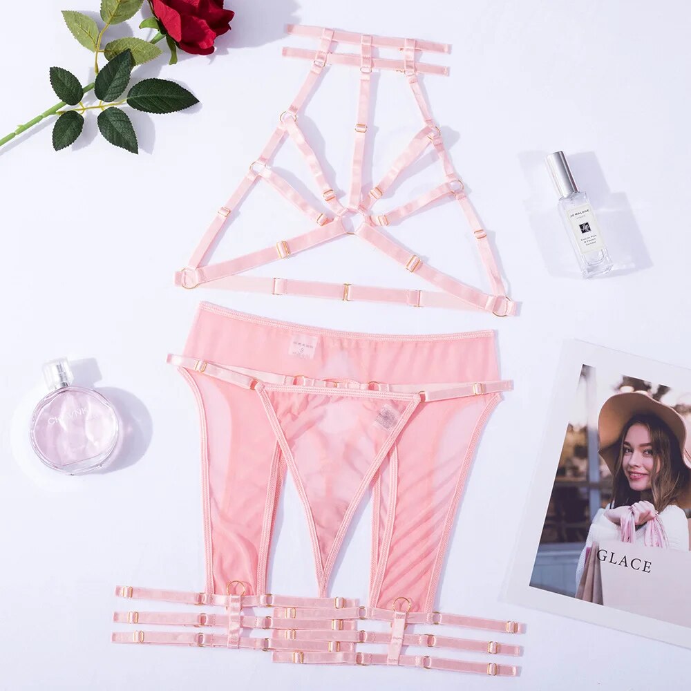 Lencería Sensual Sujetador Hueco Mujer Desnuda Sin Traje Rosa Claro Halter Sexy Bilizna Set