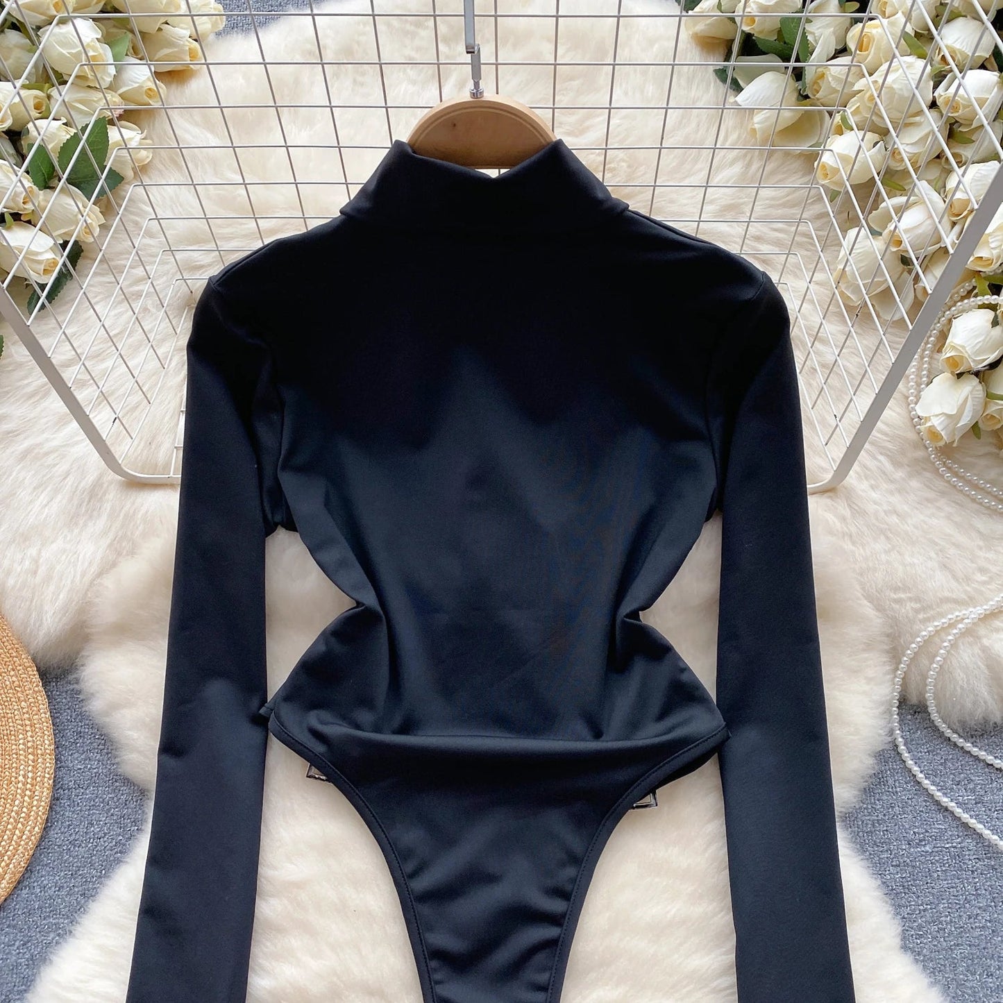 2023 Fashion Hotsweet Sexy Bodysuits Half High Collar Long Sleeved Zipper Women Open Crotch Streetwear Slim Playsuit Wanita