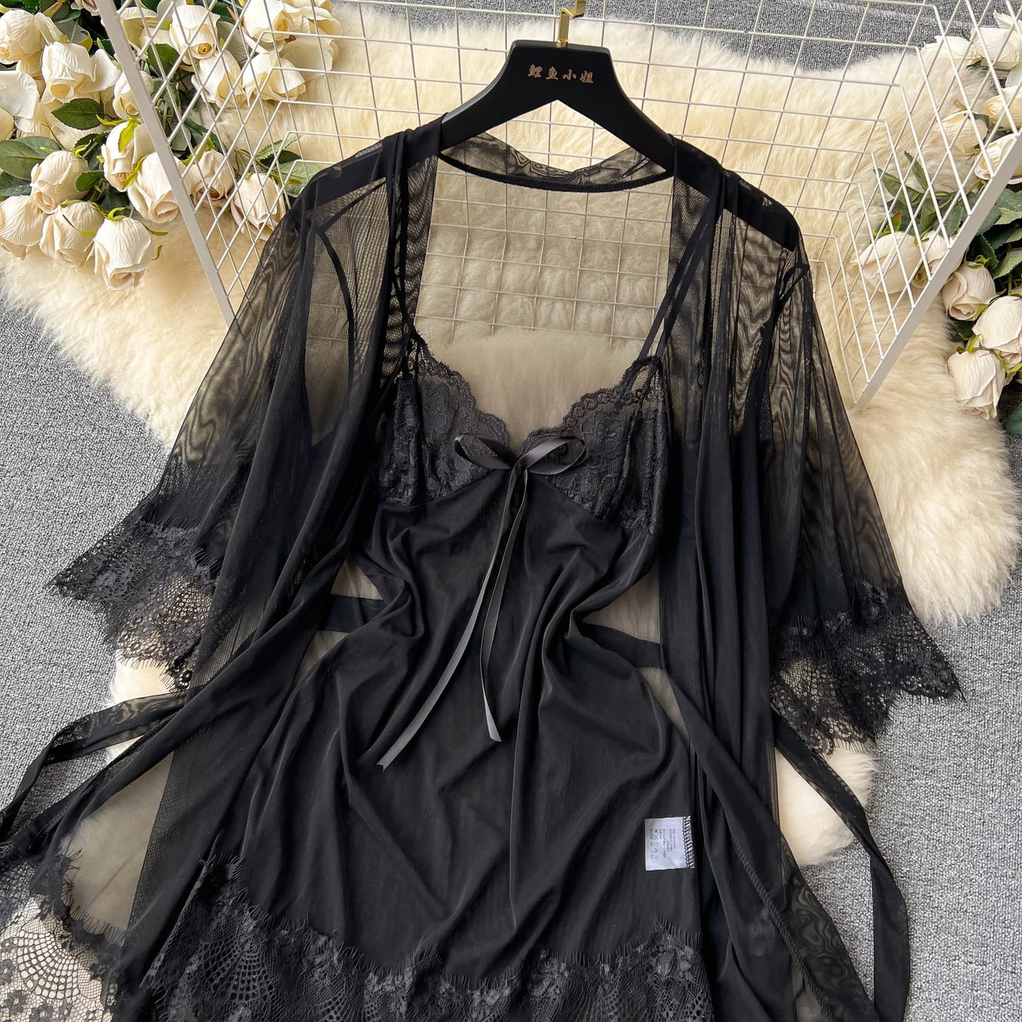 Wanita – vêtements de nuit Sexy en dentelle pour femmes, robe courte transparente + Cardigans en maille + tongs, ensembles de chemise de nuit transparente, 2023