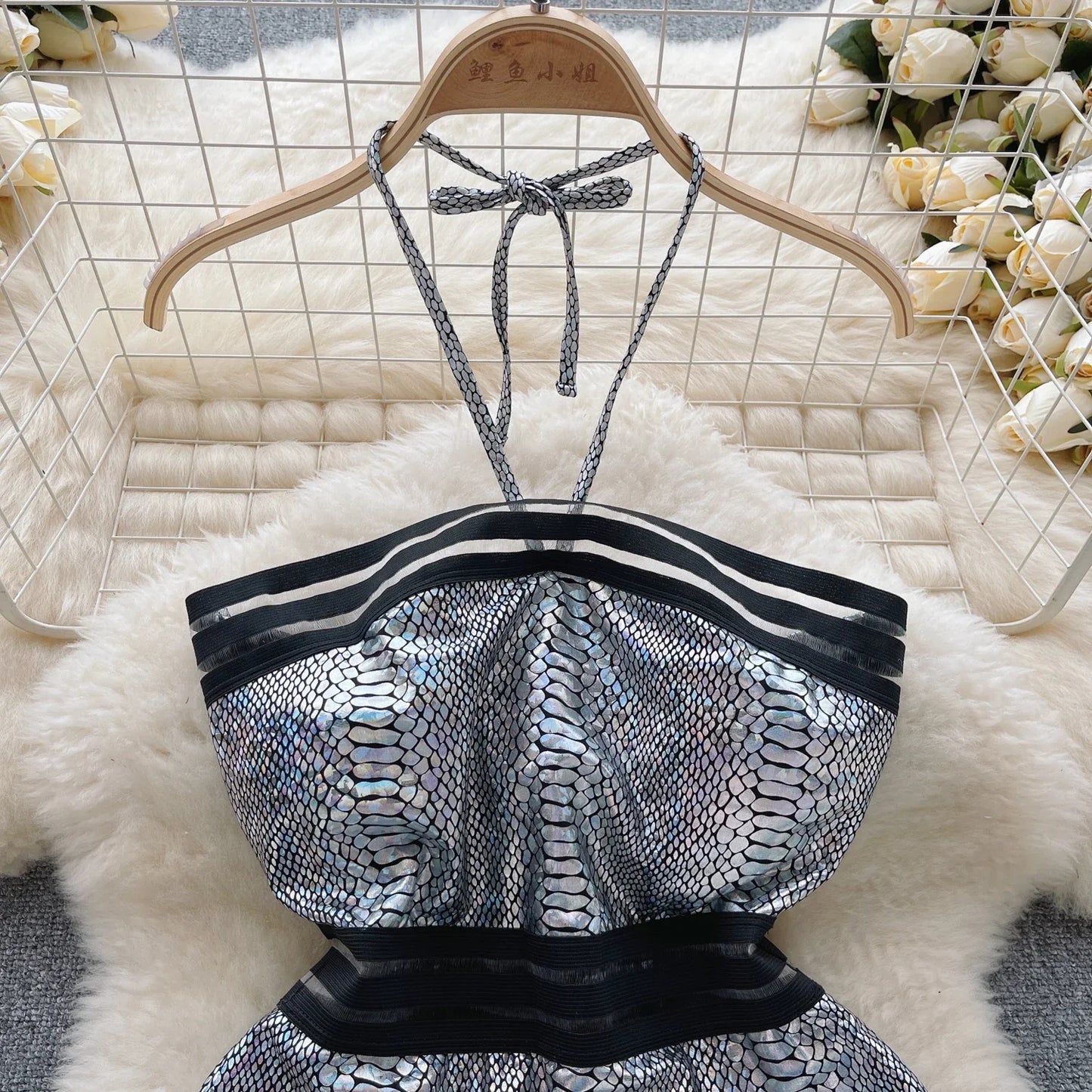 2023 Strapless Sexy Playsuits Ladies Halter Backless Slim Swimsuits Streetwear Open Crotch  Shiny Bodysuits Wanita