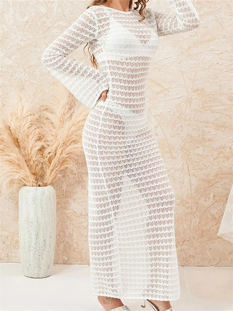 CHRONSTYLE – robe longue tricotée au Crochet pour femmes, manches longues, col rond, dos nu, couleur unie, ajourée, tenue de plage