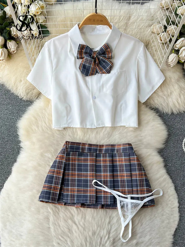 Traje de Cosplay para mujer, Camisa corta con cuello de solapa, minifalda a cuadros y tangas, ropa de dormir Sexy de estilo preppy 2023 Wanita