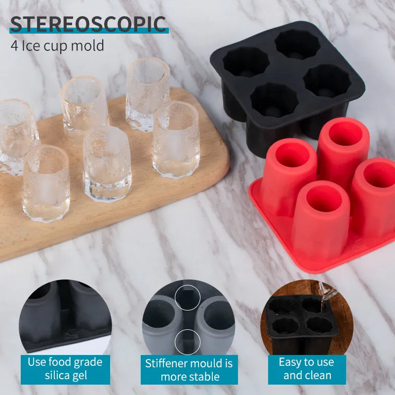 4 Grids Ice Cup Mold Silicone Ice Cube Tray Ice Mould Ice Shot Glass Mold Ice Maker Summer Drinking Tool Ice Cube Maker Mold