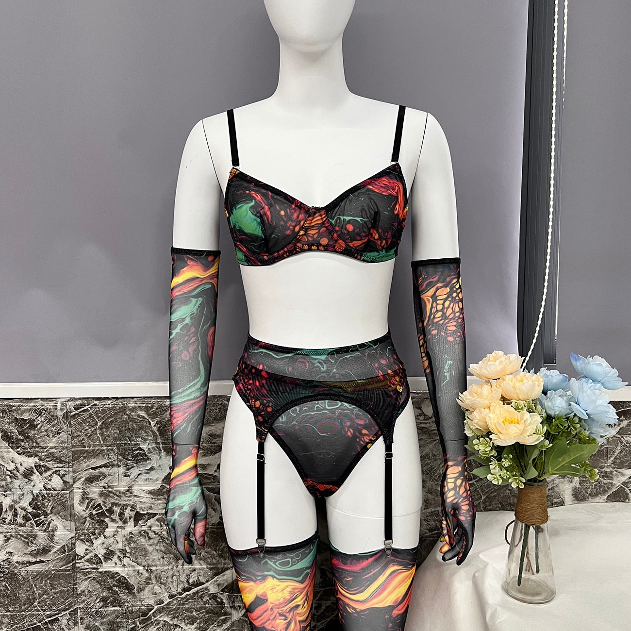 Lingerie teinture par nouage avec manches de bas, sous-vêtements fantaisie Sexy, 5 pièces, non censurée, intime, transparente, en maille, tenues sensuelles