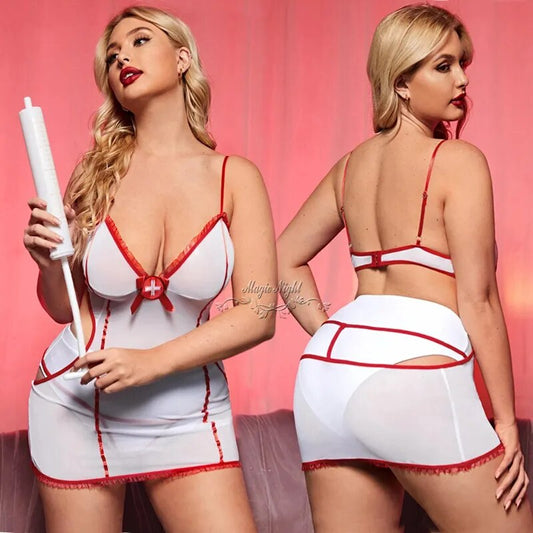 Uniforme d'infirmière de jeu de rôle Sexy à col en v pour femmes, grande taille, dos nu, robe de Lingerie d'infirmière de Cosplay, Costume XXL Fliter