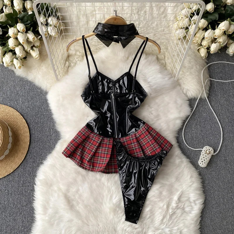 Strap PU Leather Sexy Dress Preppy Style Lace Up Backless Sensual Night Dress Plaid Cosplay   Mini Dress Wanita