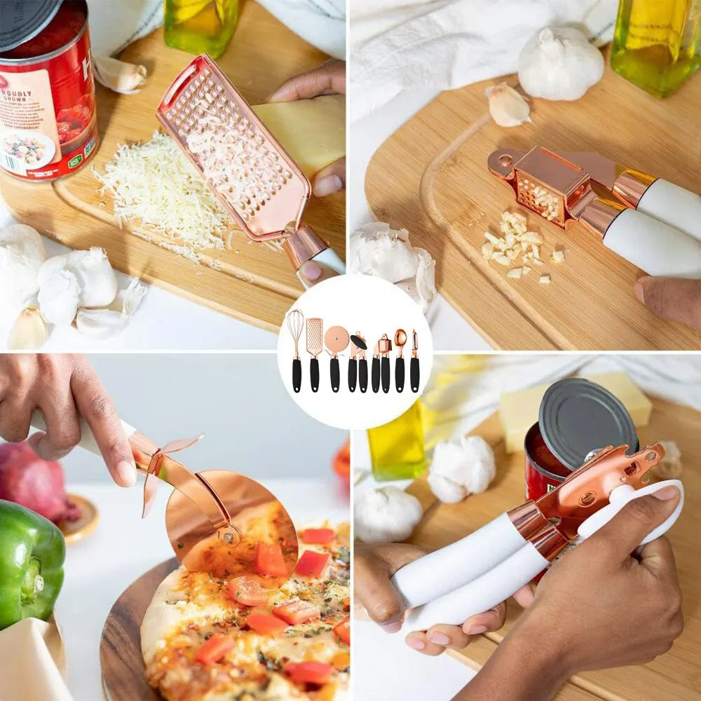 7Pcs Kitchen Gadget Set Copper Coated Stainless Steel Utensils with Soft Touch Rose Gold Garlic Press Pizza Cutter Kitchenware