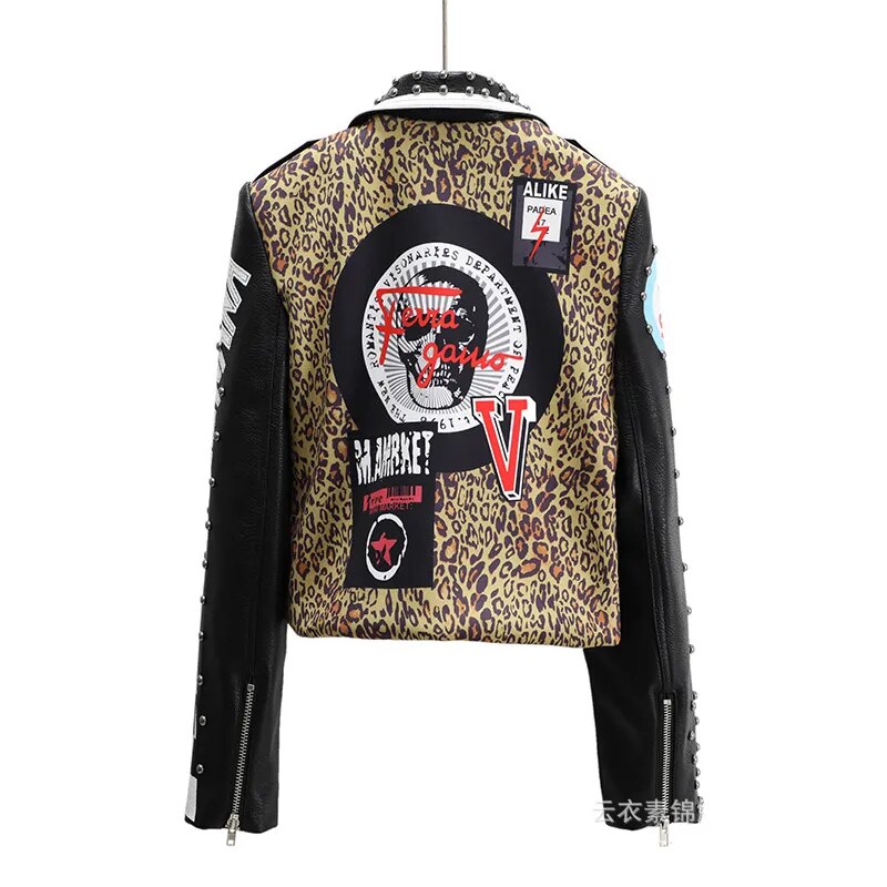 Punk Rivets veste en cuir recadrée pour femmes 2023 tendance Streetwear Patchwork imprimé léopard veste de moto en Faux cuir