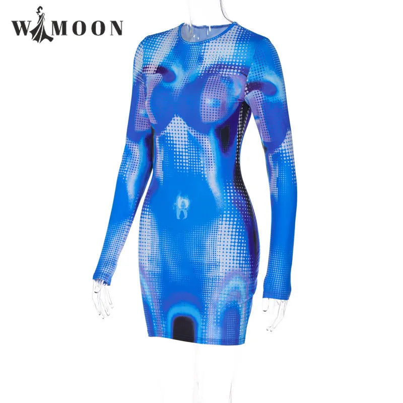 Y2K Fashion 3D Colorful Print Elastic Dress Women 2023 Spring Summer Long Sleeve Dresses Party Club Ladies Bodycon Vestidos