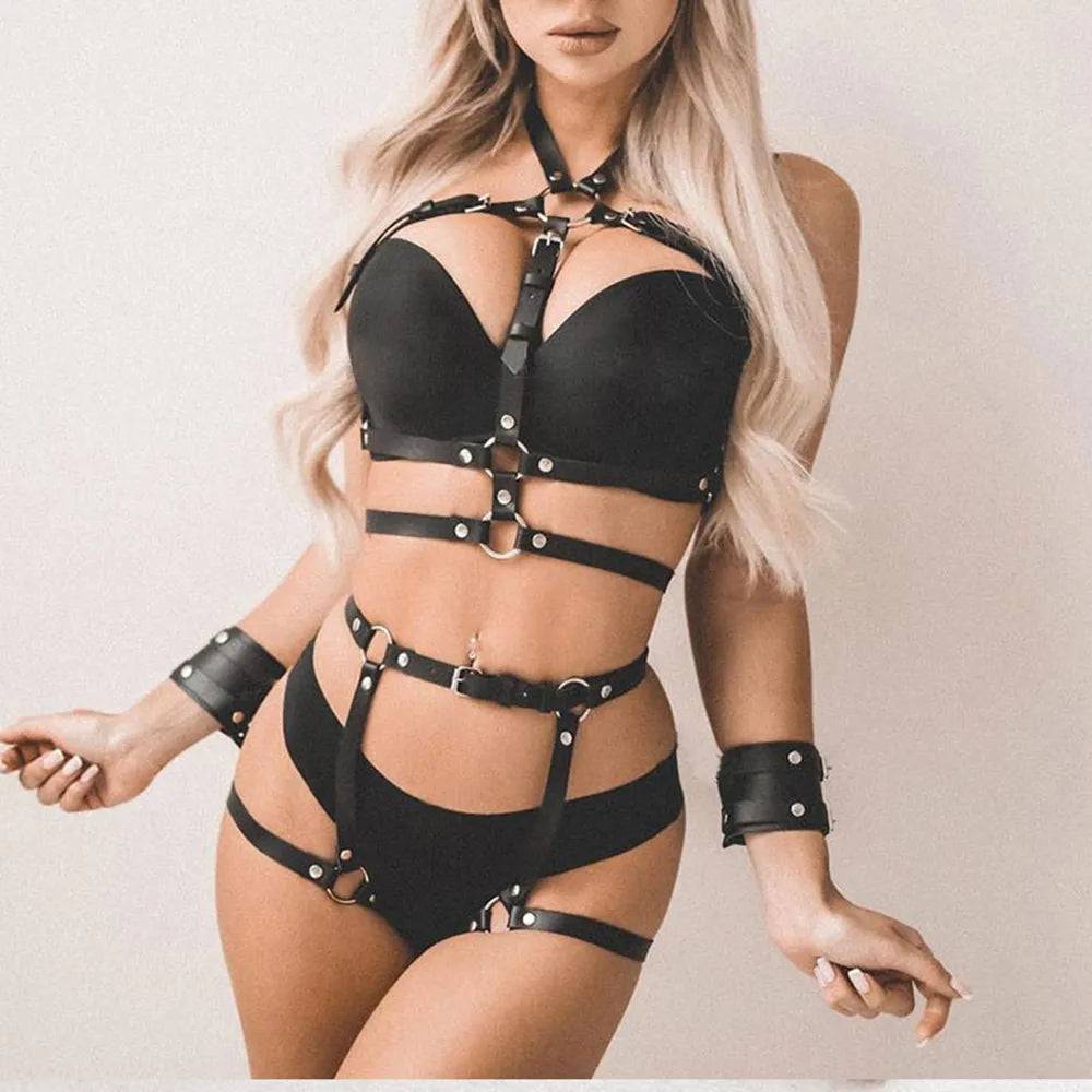 Women Sexy Body Harness Belt Lingerie Garter Belt Leather Lingerie Leg Harness Punk Gothic  Clothing