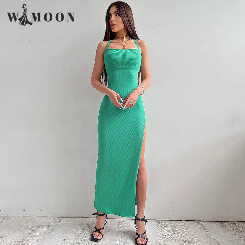 Sexy Black Long Bodycon High Split Dress Women Summer Sleeveless Blackless Halter Spaghetti Strap Dresses  Club Vestidos