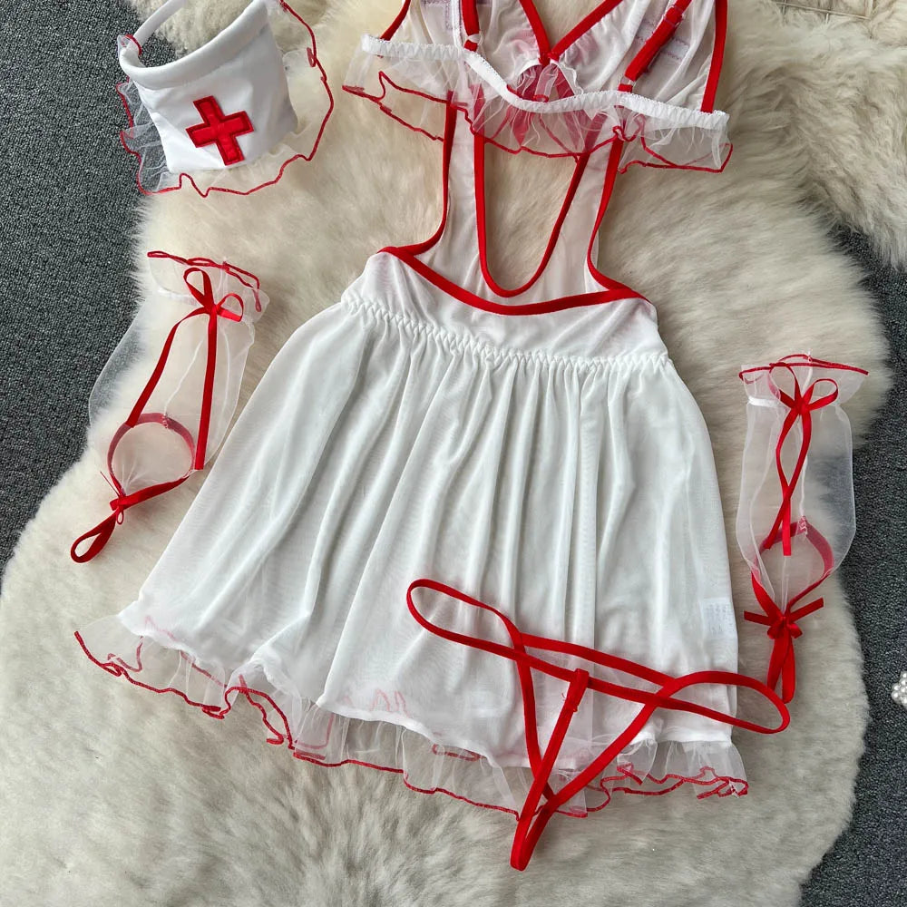 Nurse Cosplay Mesh Sexy Nightwear Women Strap Elastic Mini  Pajamas Dress+Thongs Backless Sensual Night Dress Wanita