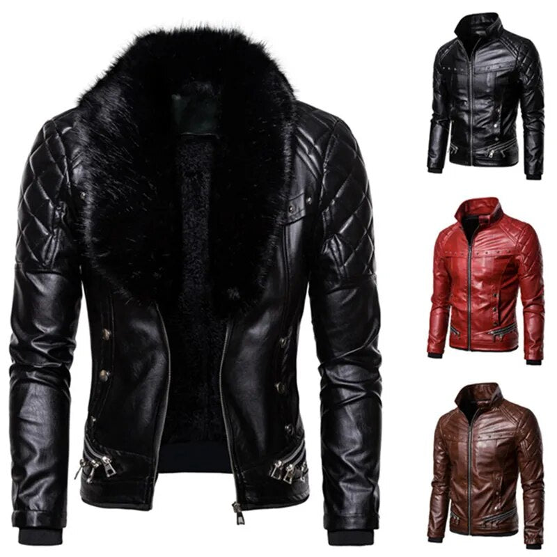 2021 New Design Motorcycle Bomber Add Wool Leather Jacket Men Autumn Turn Down Fur Collar Removable Slim Fit Male Warm Pu Coats