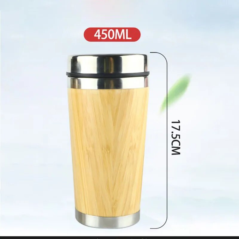 450ml Bamboo Coffee Cup Stainless Steel Thermos Water Bottle Flip Lid Eco-Friendly Travel Cup Portable For Retirement Gift