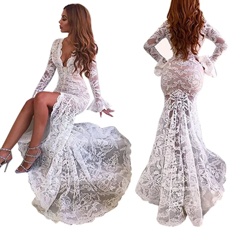 Robe Sexy en dentelle transparente pour femmes, nouvelle collection été 2023, col en V profond, jupe fendue en queue de poisson, adaptée aux Robes de soirée de mariage