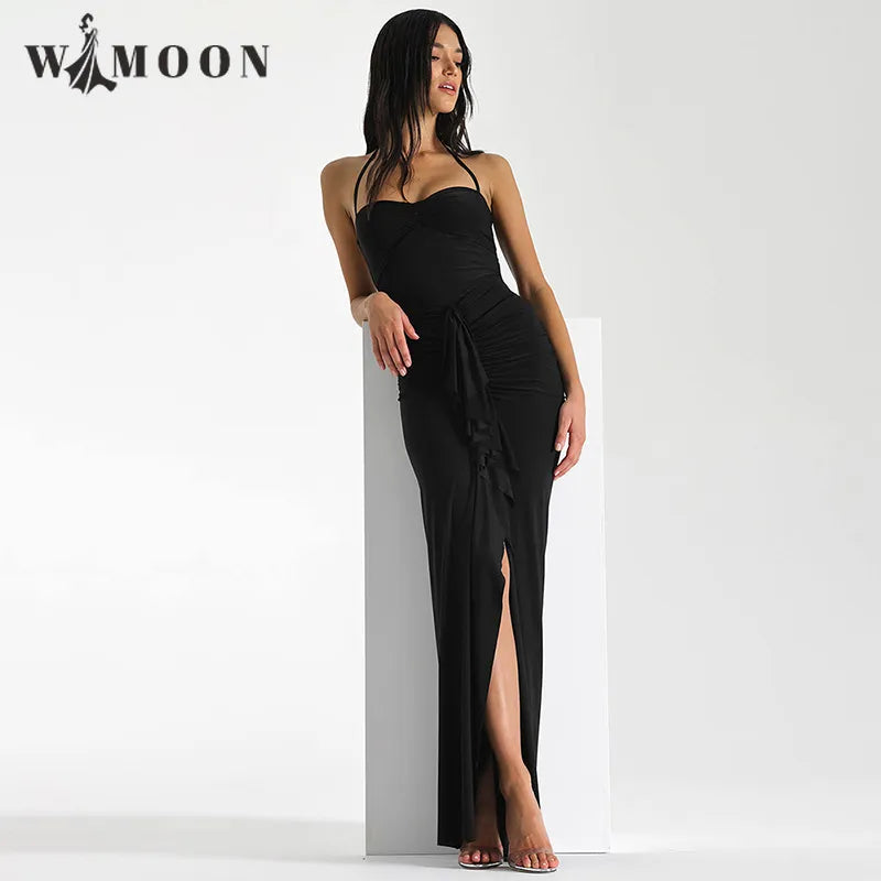 Chic Sexy Halter Lace Up Corset Ruffle Long Dress Sleeveless Ruched High Slit Vestido 2023 Summer Club Night Prom Y2K Clothes