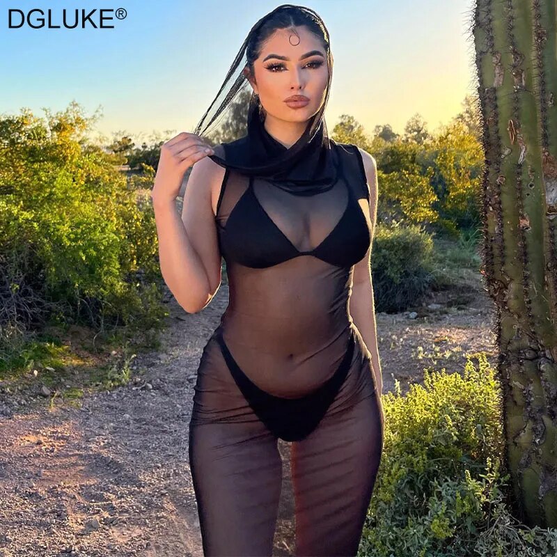 Robe à capuche en maille noire, sans manches, transparente, moulante, Sexy, longue, pour la plage, été