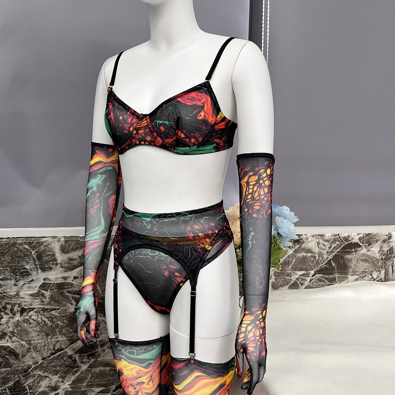 Lingerie teinture par nouage avec manches de bas, sous-vêtements fantaisie Sexy, 5 pièces, non censurée, intime, transparente, en maille, tenues sensuelles