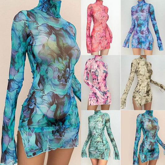 Ladies Mesh Printed Round Neck Bell Sleeve Side Open Hip Dress Long Satin Dress for Women