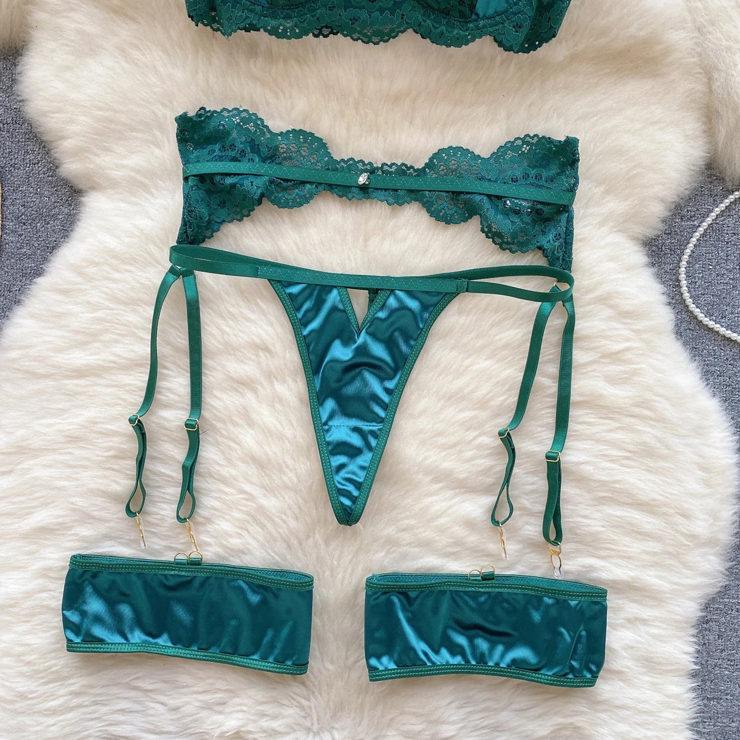 2023 Embroidery  Sleepwear Mesh Lace Three Pieces Suits Strap Mini Bra+Garter+Thongs Sexy Underwear Sets Wanita