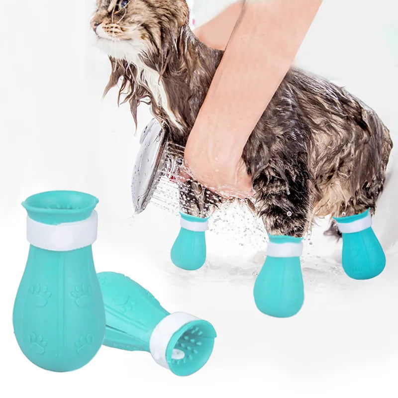 Protector de garra de gato para baño, zapatos antiarañazos para gato, botas de lavado de baño ajustables para mascotas, cubierta de uñas con pata de gato, suministros para el cuidado de mascotas