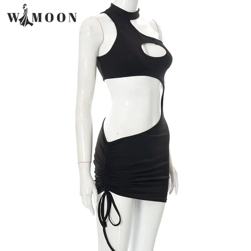 Sexy Irregular Hollow Out Mini Bodycon Dress 2023 Summer Clubwear Outfits for Woman Shirring Party Birthday Y2K Black Dresses