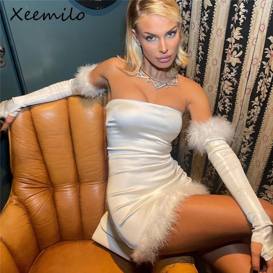 Xeemilo Aesthetic Strapless Tube Dress Sexy Plush Stitching Off Shoulder Backless Dresses With Mid-length Oversleeves Clubwear