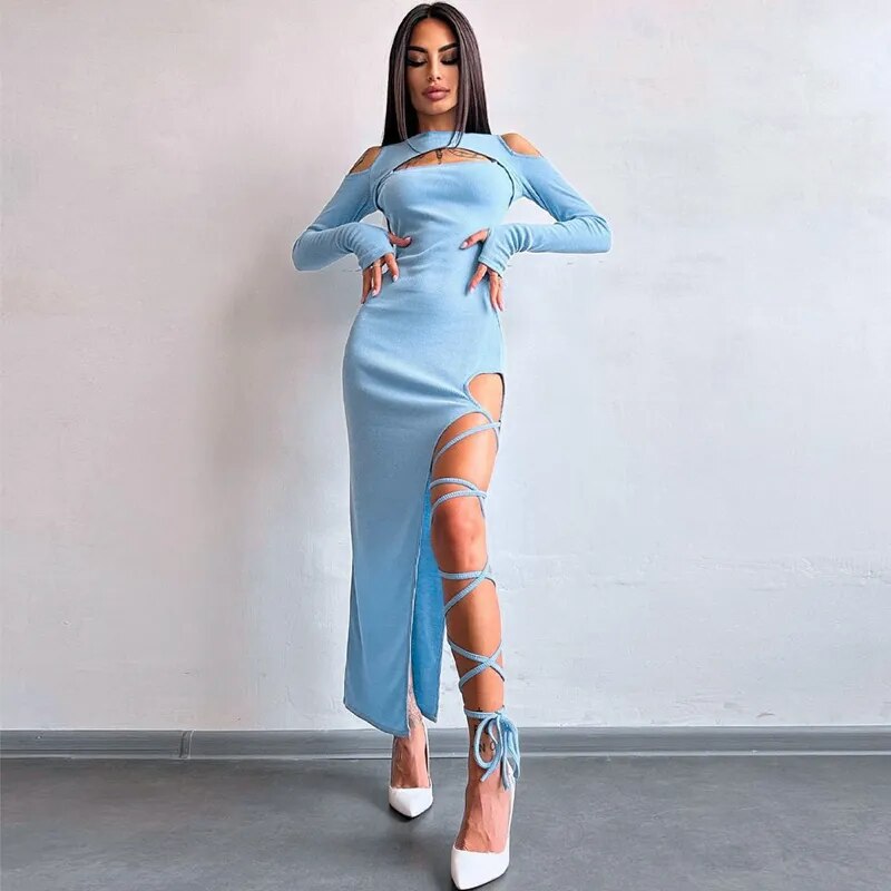 Cold Shoulder Long Sleeve Maxi Dress Cut Out  Bodycon Dress Sexy Party Night Club Long Dress Women Autumn Winter