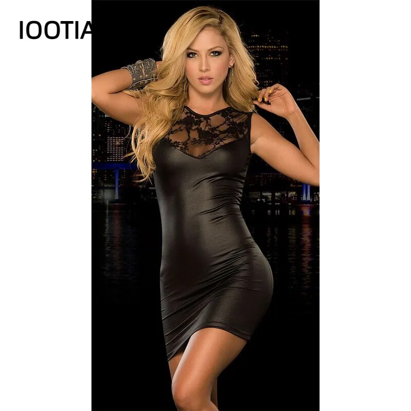 Women Dresses Black Vinyl Leather & Lace Mesh Clubwear Sexy Transparent Club Bodycon Party Dresses