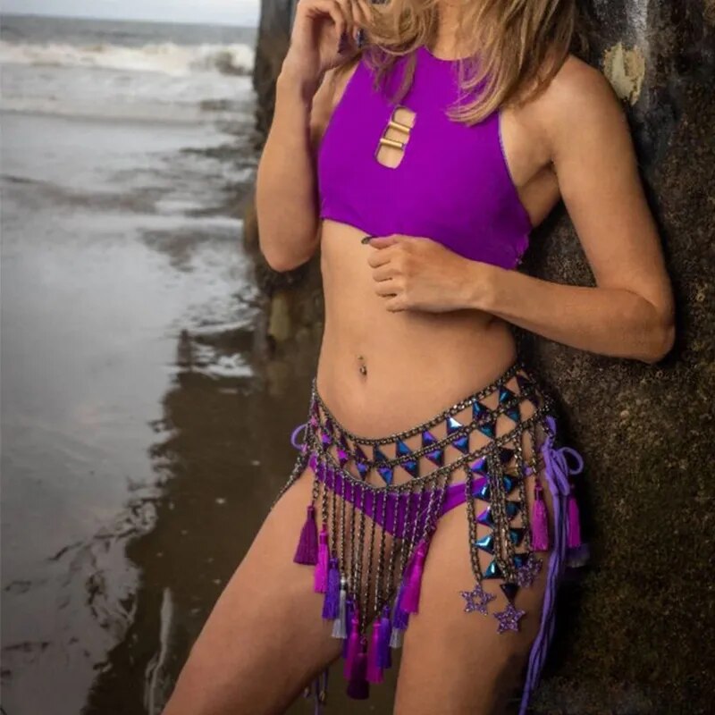 Conjunto de 2 piezas Y2k para mujer, Tops cortos con cuello Halter y espalda descubierta de cristal brillante, minifalda con borlas, traje de cadena para el cuerpo para Festival Rave