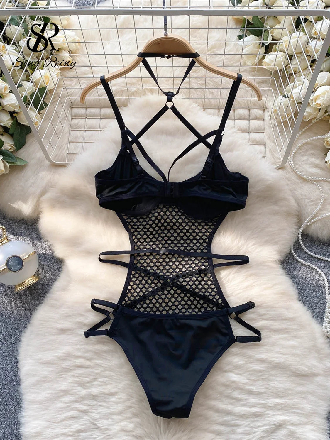 2023 Transparent Mesh Sexy Bodysuit Ladies Halter  Design Rompers Fashion Sheer Hollow Out Sensual Jumpsuits Wanita