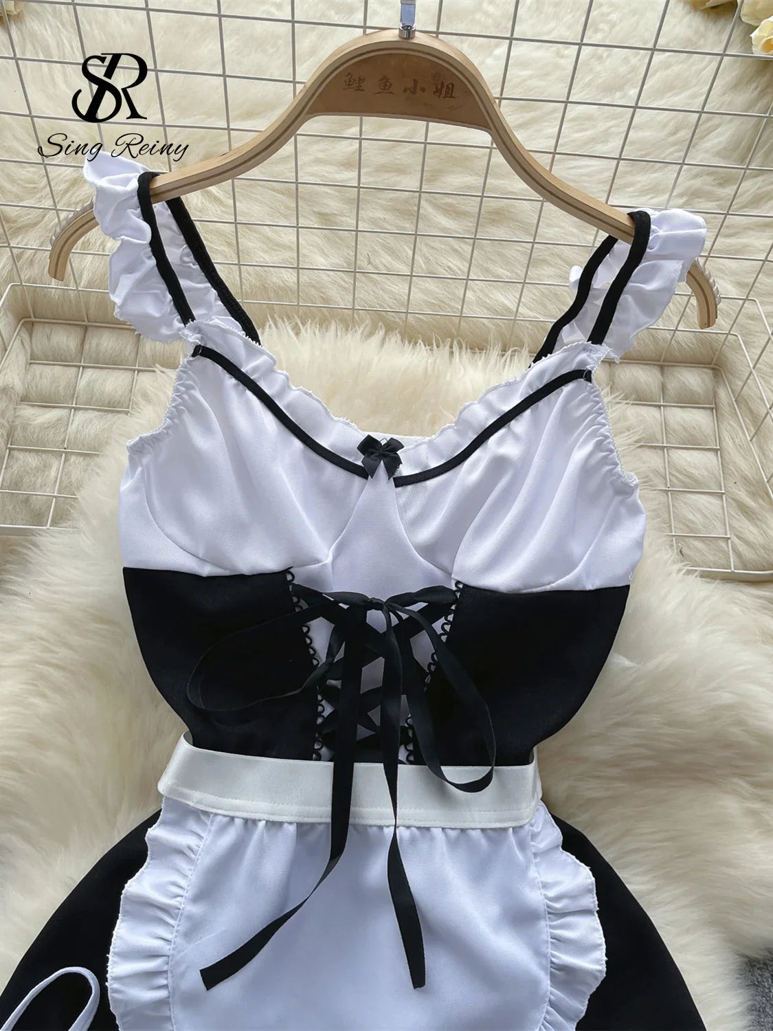 2023 Maid Uniform Sexy Nightsuits Hollow Out Backless Ruffles Lace Up Bow Mini Dress+Thongs Cosplay   Suits Wanita