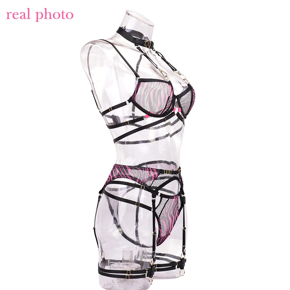 Lencería de cebra, ropa interior de encaje elegante, sujetador transparente con cuello Halter, trajes sexys íntimos delicados de lujo, ligas, conjuntos breves