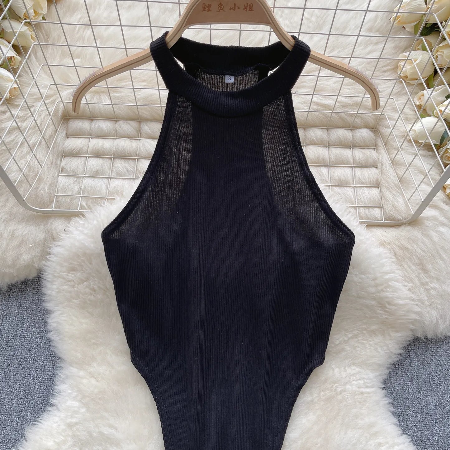 Wanita Halter Open Crotch Sexy Bodysuits Female Sleeveless Slim Backless  Bikini French Solid Thin Slim Beach Playsuits