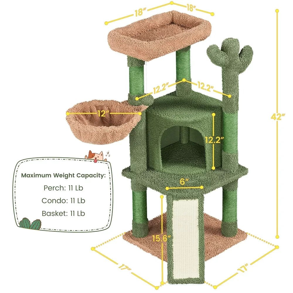 42" H Cactus Cat Tree Tower with Natural Sisal Scratching Posts,Green & Brown,Cat Supplies So That Cats Can Play Happily At Home