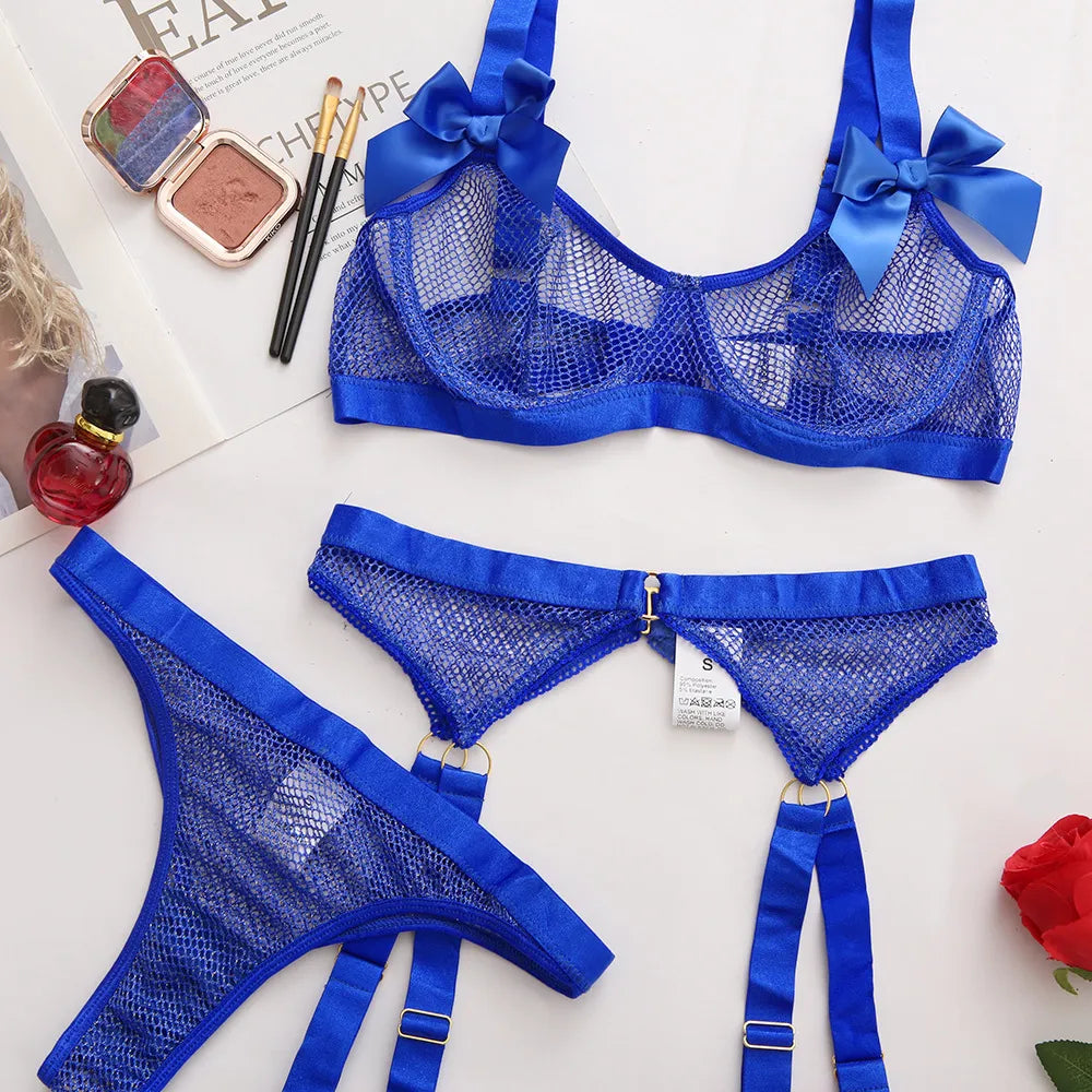 Lingerie Sexy néon avec chaussettes, sous-vêtements transparents en dentelle avec nœud papillon, maille transparente, ensembles transparents, 5 pièces