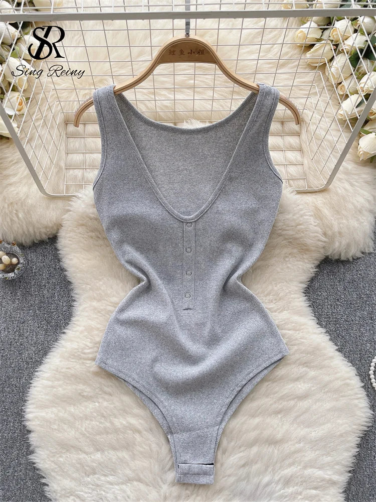 Solid Button Slim Bodysuits 2023 V Neck Sleeveless Open Crotch Sensual Top Ladies Fashion Bodycon Sexy Bodysuits Wanita