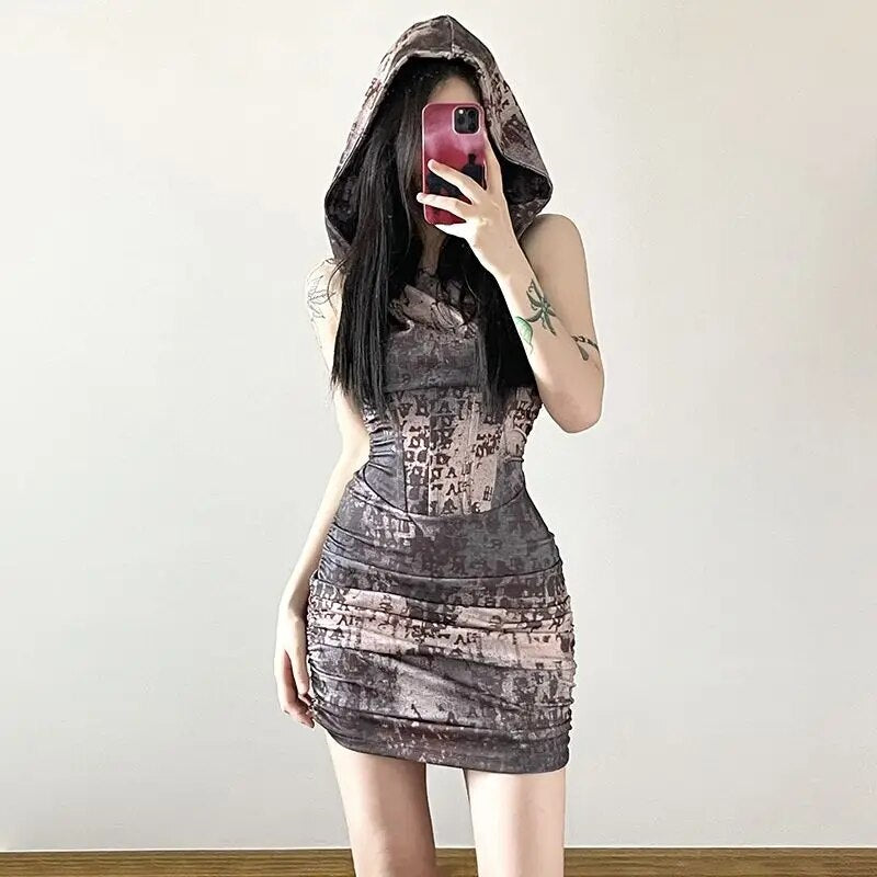 Wasteland estilo único estampado Retro edad reducción con capucha sin mangas Vestido corto para mujeres Slim Fit Sexy chicas envuelto vestido de cadera